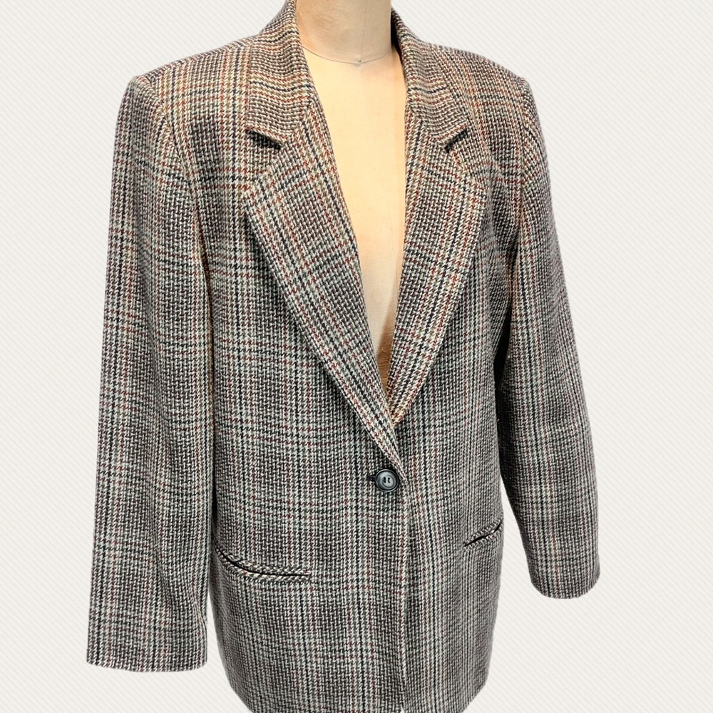 VINTAGE 90s‎ Wool plaid tweed women’s blazer suit coat jacket neutral sag harbor